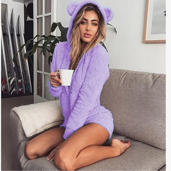 Purple Cozy Zip Up Hooded Long Sleeve Romper with Ears. - Picture 2 of 4